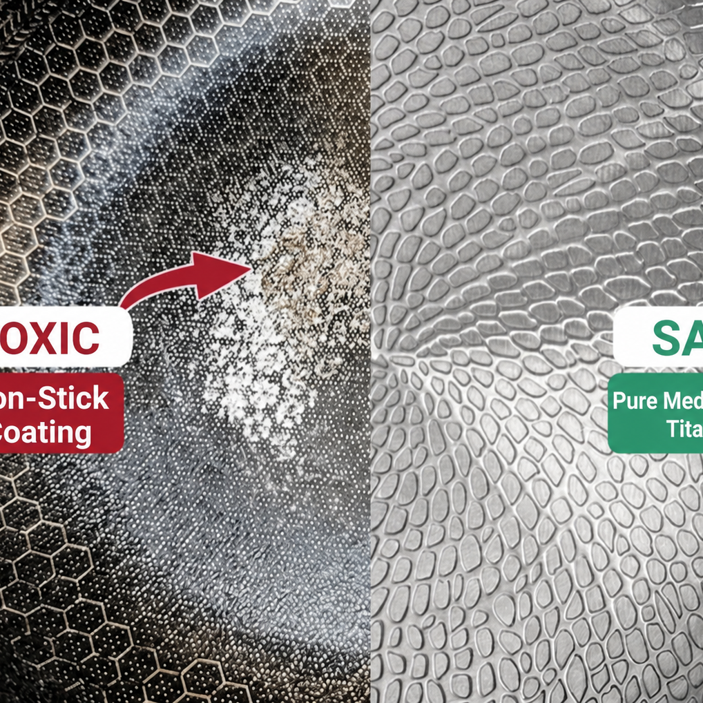 Worn non-stick coating next to a pure titanium cooking surface